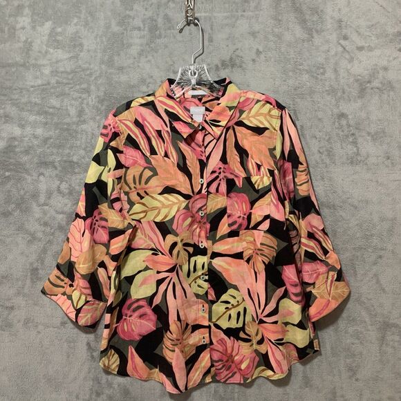 Chicos Top Women Large 2 Floral 100% Linen Button 3/4 Sleeve Collared Beachy - Picture 2 of 9